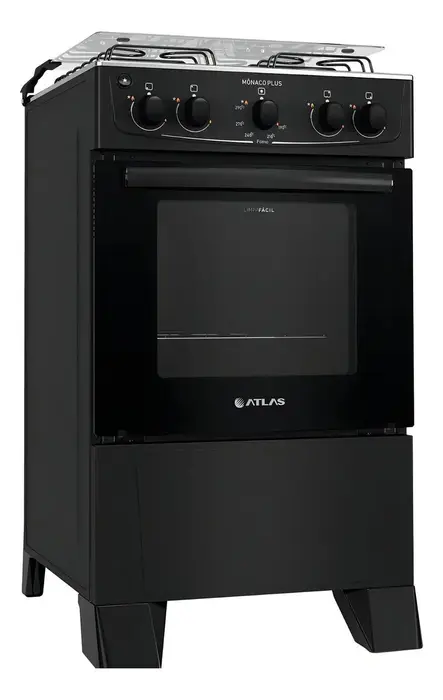 Fogão Atlas Mônaco Plus 4 Bocas Preto com Mesa Inox e Acendimento Automático
